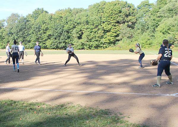 Pitt-Johnstown women’s softball team does their Four-corner warm up drill before they start practice Oct. 9. The Lady Cats started their fall ball season Saturday at Seton Hill University.