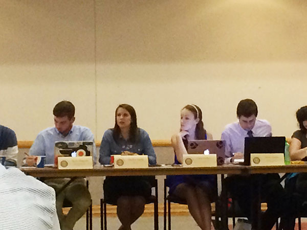 Student Government members from left to right: Kyle Maguire, Shelby Smith, Casey Ansbro and Nick DiGiorgio listen to activities fee update.