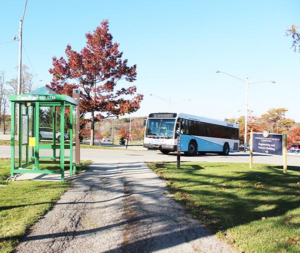 One of the CamTran bus stops between the Pasquerilla Performing Arts Center and the Living/Learning Center.