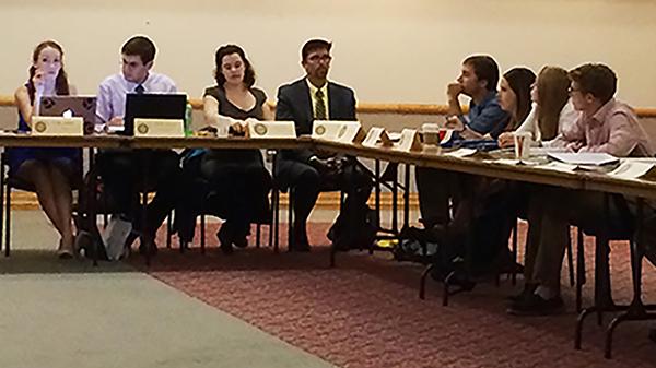 Left to right: Casey Ansbro, Nick DiGiorgio, Eden Cohen, Shawn Brooks, Brady Willis, Shannon Davis, Santana Lardo and Samuel Miller participate in a student government meeting discussion.