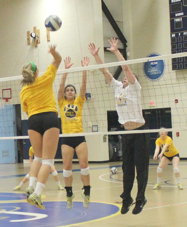 Freshman outside hitter Maura Brehl sends the ball over the net as assistant coach Justin Haupt and  sophomore middle hitter Gabriell Carney attempt to block the attack during practice last week. 