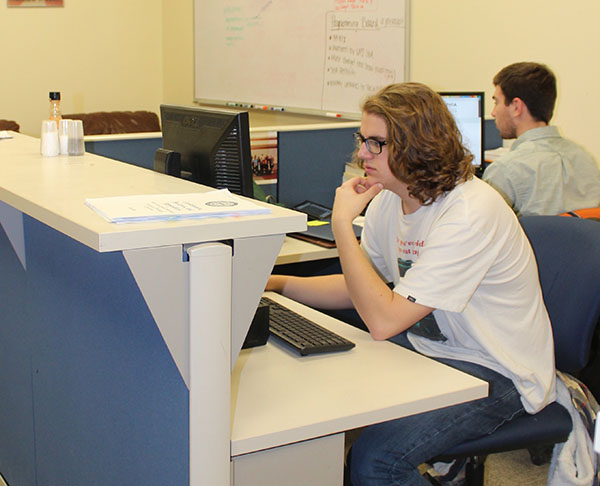 Student Government Association’s executive board representative Wyatt Deutsh (left) was on duty from 1-2 p.m. Feb. 5 with Kyle Maguire, the association’s president. 