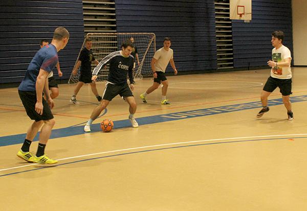 Students play in an intramural soccer game Thursday night in the Sports Center. Playing left to right are freshman Haven Mackie and Dj Vogelman with sophomores Colton Demberger and Alex Linardi. 