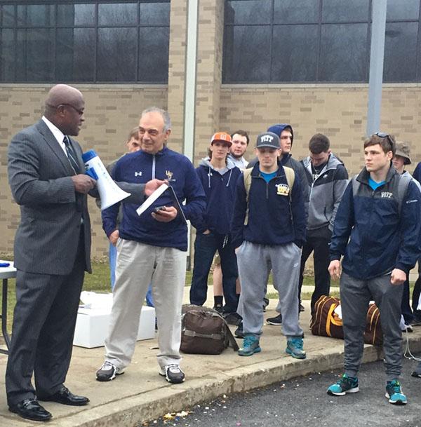 University President Jem Spectar declared the week of March 14 Pitt-Johnstown wrestling week to head wrestling coach Pat Pecora and the team during the celebration March 14.  