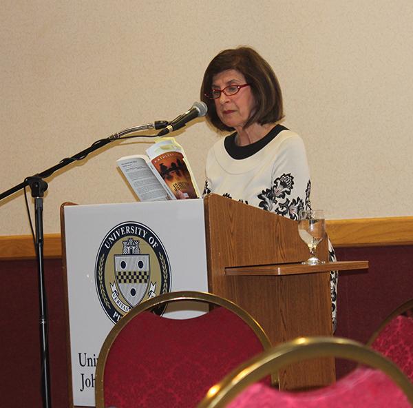 Novelist Kathleen George speaks at the Western Pennsylvania Undergraduate Literatures Conference.