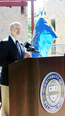 Pennsylvania Governor Tom Wolf addresses those who gathered outside the Engineering and Science building to hear his announcement. 