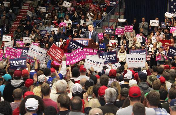 Trump addresses a crowd of approximately 1,600 Friday at Johnstown’s Cambria County War Memorial Arena about his thoughts on ISIS handling.