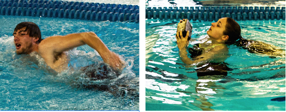 Left: Senior Aquatics Communications Coordinator Ben Pick attempts to complete one of the aquatic challenges.  Right: Junior Alex Popovich treads water holding a 10-pound brick out of water.