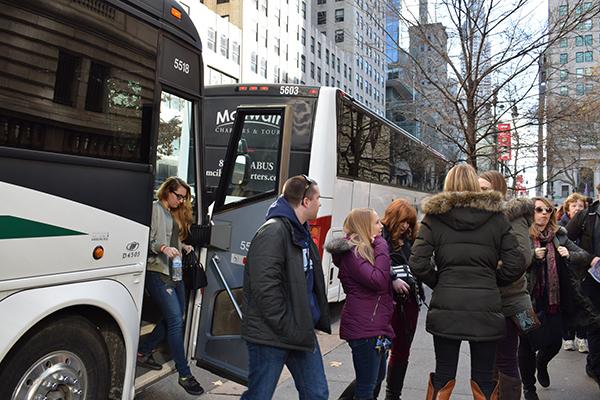 Students disembark in New York City’s Bryant Park Saturday morning.