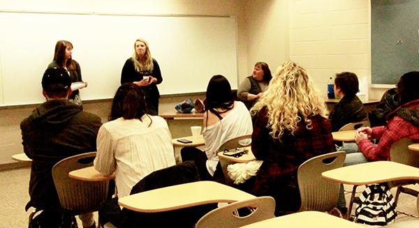 Thursday, Finer Things Club President Lindsey Bonsell (right) along with Vice President  Molly Ager (left) talk about their fine arts club in Biddle Hall. 