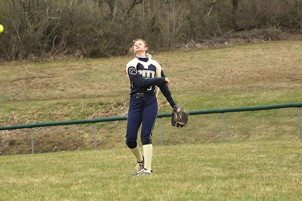 Pitt-Johnstown sophomore outfielder Morgan Cannin throws a ball into the infield during a game last year at Richland’s high school softball field against Mansfield University. 