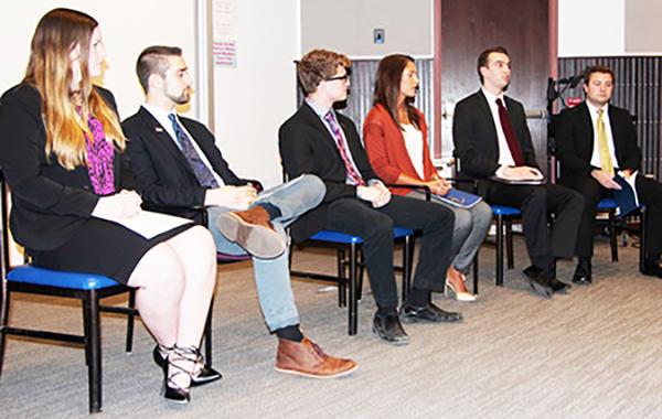 Last Monday, student government president candidates (left to right) Gretchen Shepard, John Kopsick, Sam Miller, Sarah Francowic, Joe Evanko and Brady Willis debate relevant issues to further the presidential race. 