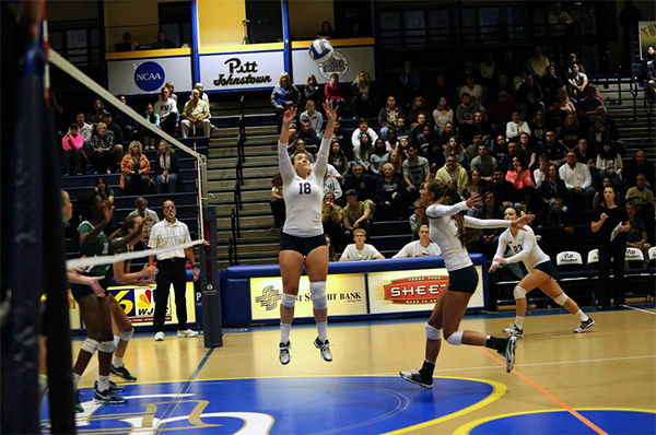 Pitt-Johnstown’s Allison Mondorff sets the ball during a game Sept. 30 against Mercyhurst. The volleyball matches will be live streamed starting in the 2018-2019 school year. 