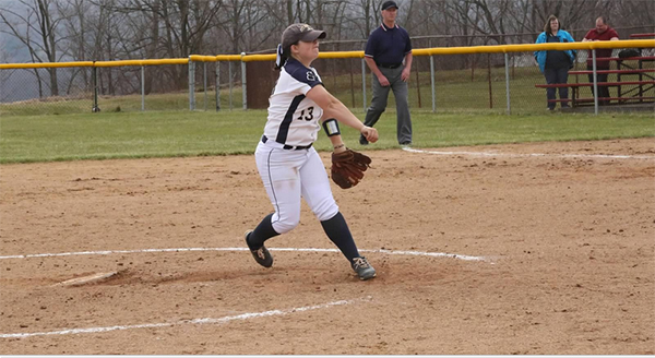 Pitt-Johnstown junior softball pitcher Emily Moore throws a pitch against Edinboro University March 25 at V.E Erickson complex.  