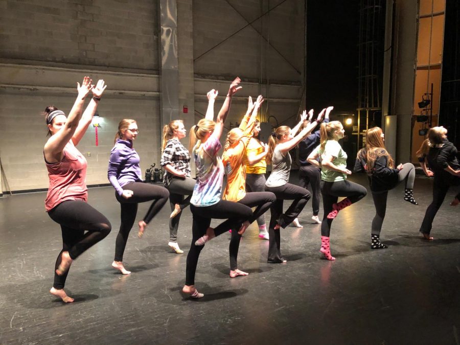 Dancers practice “Let’s Get Loud,” a jazz dance choreographed by sophomore Nicole Fuschino. Curtains open Feb. 2.