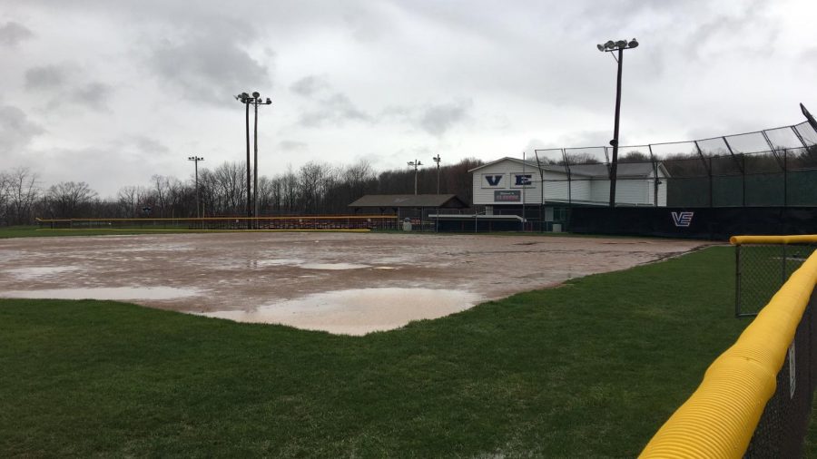 The field at the V.E. Erickson Complex along Eisenhower Boulevard was flooded Friday and  led to a postponement of a doubleheader against Lock Haven University that day. It was the 12th postponement or cancellation for the team this season.