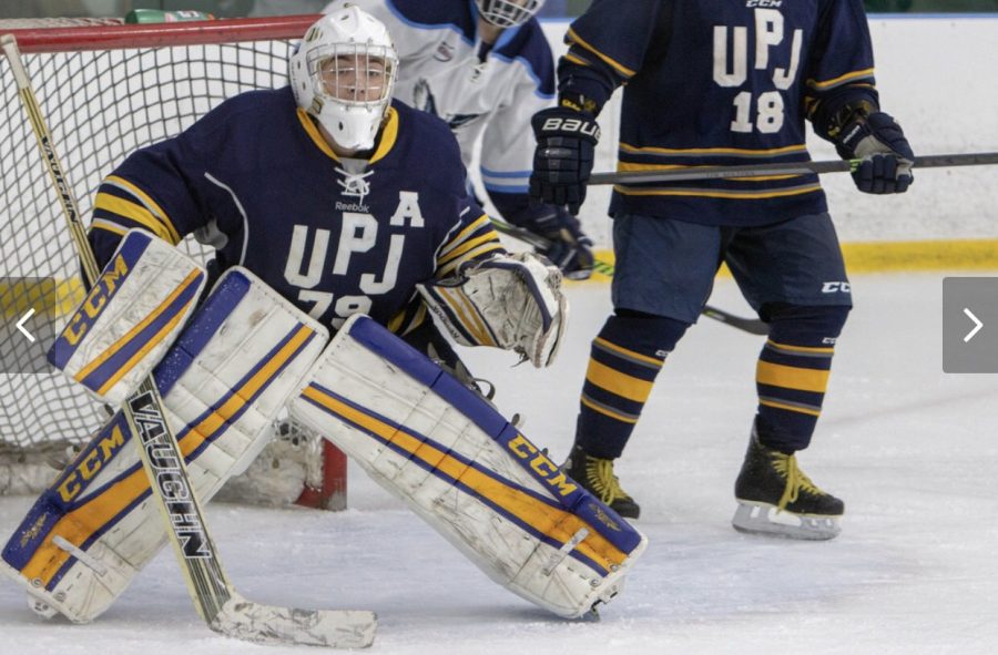 Senior goaltender James Borriello guards the goal during the second game of the team’s Connecticut trip aginst Southern Connecticut State on Oct. 13.