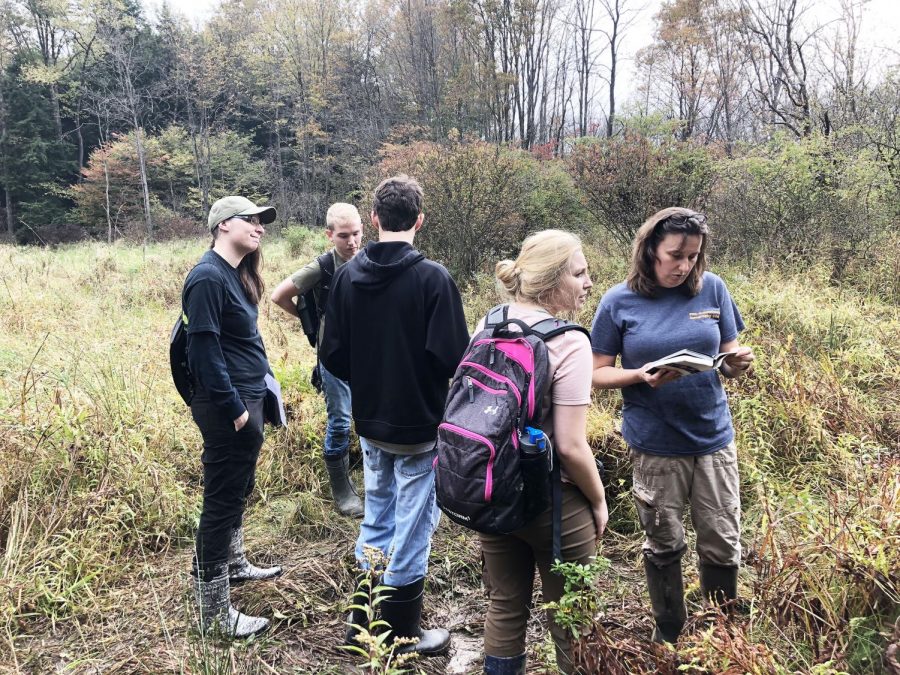 Students work with geography professor Mitzy Schaney (right) to identify vegetation Oct. 4.