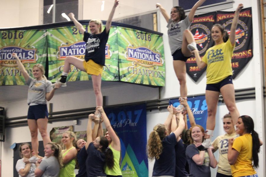 Pitt-Johnstown+cheerleaders+prepare+Feb.+13+for+The+National+Cheerleaders+Assocaition+competition+at+Turner%E2%80%99s+All-Star+Cheerleading.