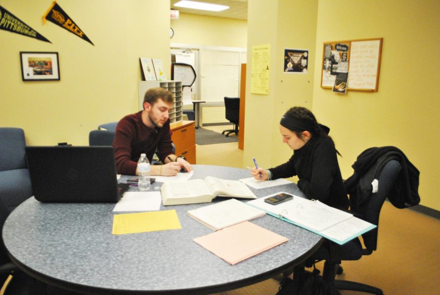 Sophomore Joe Lasser tutors sophomore Caitlyn Palazzi on March 28 in Owen Library’s Academic Success Center.