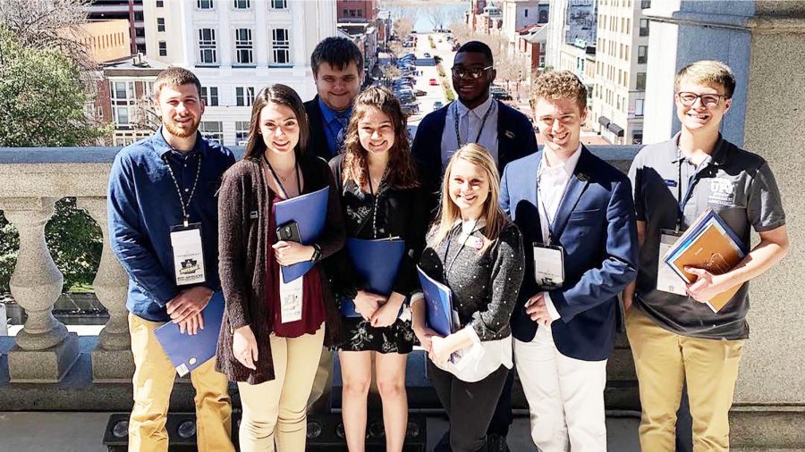 Several Pitt-Johnstown students, staff members and alumni toured the Pennsylvania State Capital building March 26 as part of the annual Pitt Day in Harrisburg event. Pictured: student government members stand on a balcony outside of Lt. Gov. John Fetterman’s office.