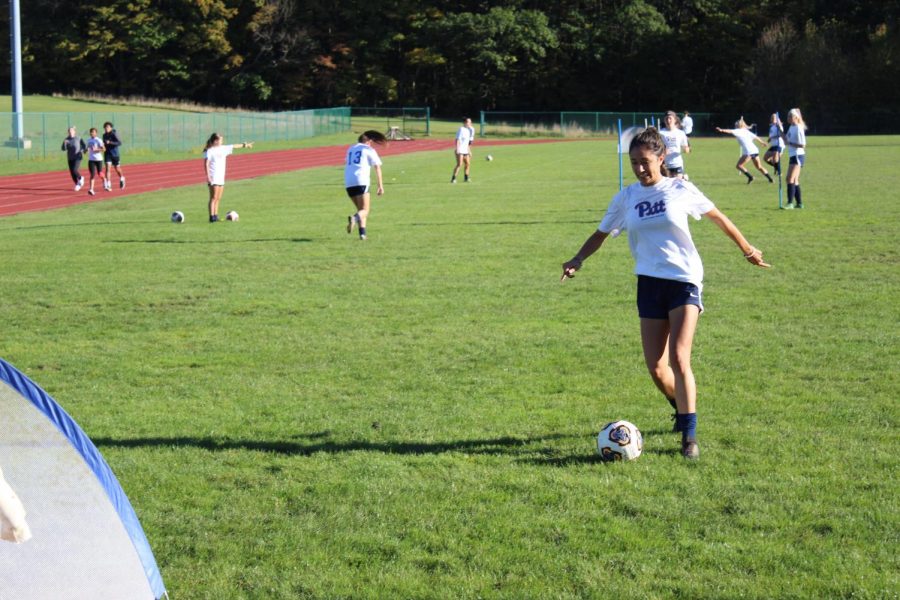 Junior Pitt-Johnstown’s women soccer player Kim Mixon was practicing Oct. 11 on the Pitt-Johnstown soccer field. 