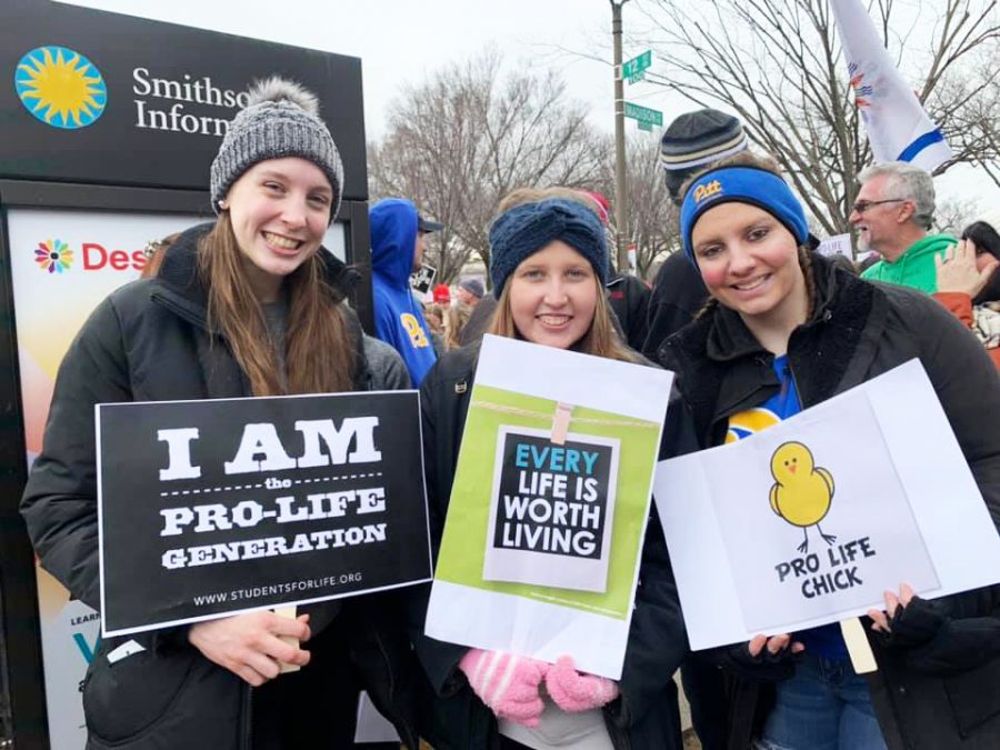 Campus Ministry members Mary Kromka, Hannah LaBar and Eileen Schmidt  (left to right) participated in the March for Life. 