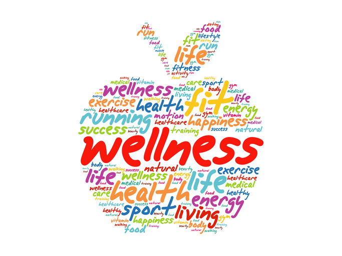 Wellness apple word cloud collage, health concept background